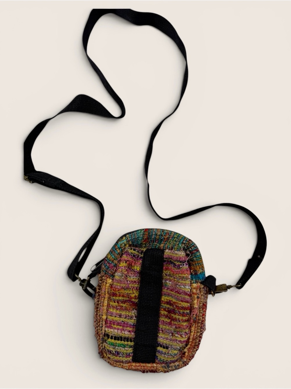 Handwoven Multicolor Crossbody Bag with Black Strap‎